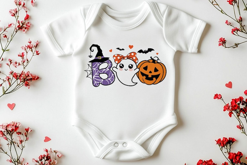 Cute Ghost Boo SVG, Halloween Girl Shirt Design, Spooky Season Cut Files, Ghost with Polka Dot Bow and Lashes PNG, Cute Pumpkin Witch Hat image 5