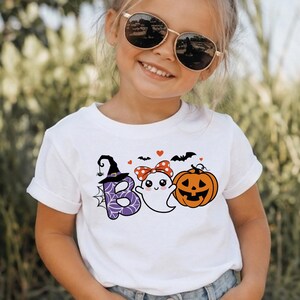 Cute Ghost Boo SVG, Halloween Girl Shirt Design, Spooky Season Cut Files, Ghost with Polka Dot Bow and Lashes PNG, Cute Pumpkin Witch Hat image 4