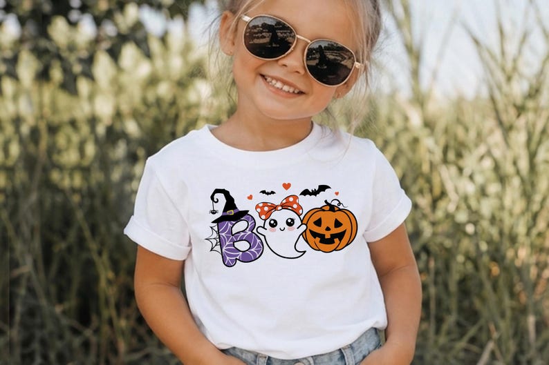 Cute Ghost Boo SVG, Halloween Girl Shirt Design, Spooky Season Cut Files, Ghost with Polka Dot Bow and Lashes PNG, Cute Pumpkin Witch Hat image 4