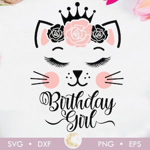 Anniversaire fille kitty Svg, chat princesse anniversaire fille Svg, chat fête d’anniversaire svg, premier bébé anniversaire svg, visage de chat 1er anniversaire svg