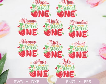 May include: A set of ten digital cut files featuring a strawberry design with the text "Of the Sweet One" and various family member titles, including "Papa", "Mimi", "Momma", "Uncle", "Grandma", "Poppop", "Gia", "Aunt", "Ama", and "Lolo".