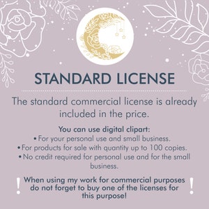 May include: A graphic with a moon and stars design, with the text "STANDARD LICENSE" in blue. The text explains that the standard commercial license is included in the price and outlines the terms of use for digital clipart. It states that the clipart can be used for personal use and small businesses, for products for sale with a quantity up to 100 copies, and that no credit is required for personal use or for small businesses. The graphic also includes a warning that when using the work for commercial purposes, one must buy a license for that purpose.