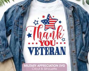 May include: A white t-shirt featuring a red, white, and blue graphic with a star filled with the American flag pattern and the text Thank YOU VETERAN. The shirt is layered under a blue denim button-down shirt with metal buttons and white sneakers.