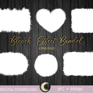 May include: Six white, irregular-shaped, bleached effect overlays on a dark wood background. The overlays are in the shapes of a rectangle, heart, circle, and two more rectangles. The text "Bleach Effect Bundle" is written in gold script with the text "6 PNG FILES" below it.