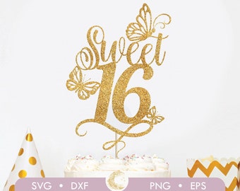 Sweet 16 Cake Topper SVG, Birthday Cake Topper with butterfly svg, Cake Topper Anniversary svg, Happy Birthday svg