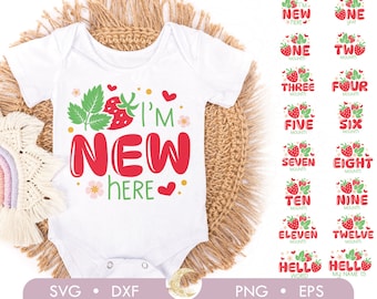 Baby Milestone strawberry bundle SVG, Bundle Birth Stats Svg, I'm new here bundle svg, Hello my name is svg, Monthly Milestones svg