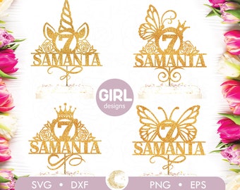 Girl Birthday Cake Topper SVG Bundle, Personalized Name and Age (Digital Download)