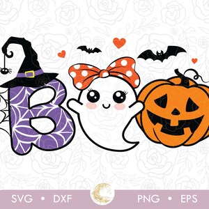 May include: A Halloween-themed graphic with the word "BOO" formed by a witch hat, a ghost, and a jack-o'-lantern. The letter "B" is purple with a spiderweb design. The ghost has a polka-dot bow. Bats and hearts complete the design.