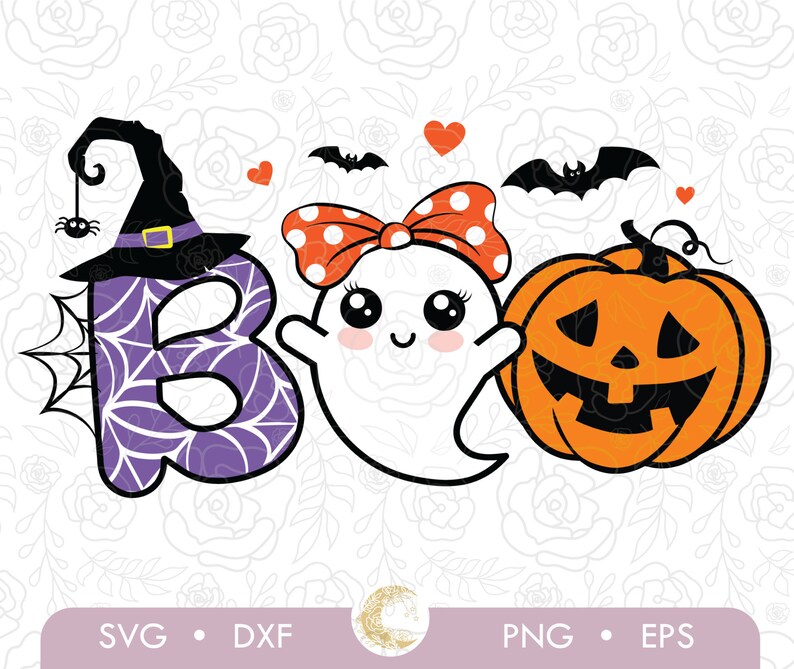 May include: A Halloween-themed graphic with the word "BOO" formed by a witch hat, a ghost, and a jack-o'-lantern. The letter "B" is purple with a spiderweb design. The ghost has a polka-dot bow. Bats and hearts complete the design.