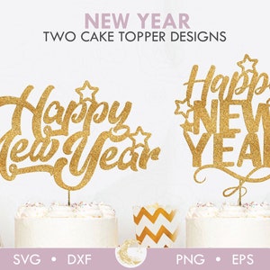 以下が含まれることがあります： 「Happy New Year」の文字と星のアクセントが付いた、2つのゴールドグリッターケーキトッパー。トッパーは白いケーキの上に表示されています。画像には「NEW YEAR TWO CAKE TOPPER DESIGNS」というテキストも含まれています。