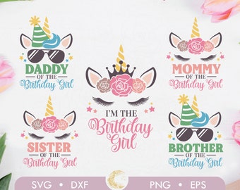 Può includere: Un set di dieci file di taglio digitale con illustrazioni di unicorni con testo che recita "Papà della bambina del compleanno", "Mamma della bambina del compleanno", "Sono la bambina del compleanno", "Sorella della bambina del compleanno" e "Fratello della bambina del compleanno".