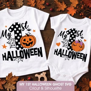 My 1st Halloween SVG, Polka Dot Pumpkin Baby SVG Bundle, My First Halloween Onesie Cut File, Cute Ghost Spider Web SVG Cricut