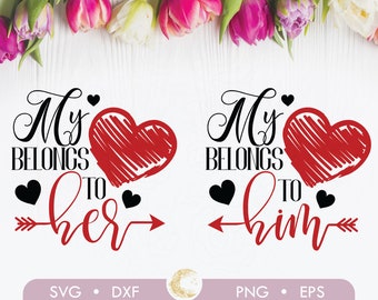 May include: Two red hearts with black outlines and the text "My belongs to" with an arrow pointing to the right. The text "her" is below the arrow on the left and "him" is below the arrow on the right.
