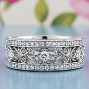 Art Deco Style Milgrain Band, Vintage Filigree Band, Round Moissanite Stone Wedding Engagement Band, Vintage Style Stackable 925 Silver Band