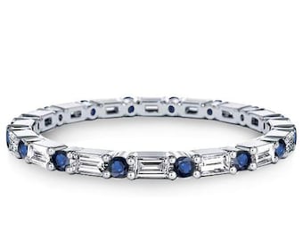 Alternating Blue Sapphire & Diamond Wedding Band, Pave Sapphire Full Eternity Band, Minimalist Stacking Ring, Anniversary Baguette Cut Band