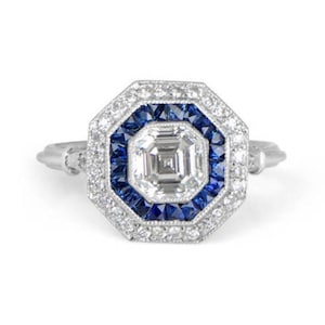 Art Deco Asscher Cut Engagement Ring: Sapphire Halo, Filigree Sterling Silver