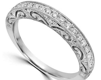 1880&#39;s Vintage Art Deco Wedding Band, Round Moissanite Engagement Band, Half Eternity Filigree Stacking Band For Women, Milgrain Band