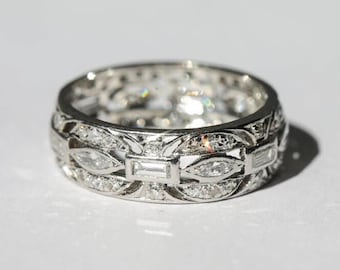Vintage Style Art Deco Band, 14K Gold Filigree Milgrain Band, Bezel Set Band, Marquise & Baguette Diamond Engagement Band, Stackable Band