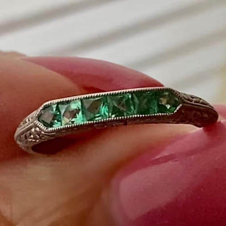 Circa 1890's Emerald Vintage Style Band, Antique Art Deco Filigree Half Eternity Band, Princess Cut CZ Stone Wedding Band, Floral Motif Band