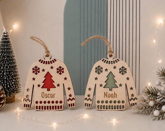 Personalised Wooden Jumper Ornament | Hand Painted Christmas Tree Decoration (Red or Green)