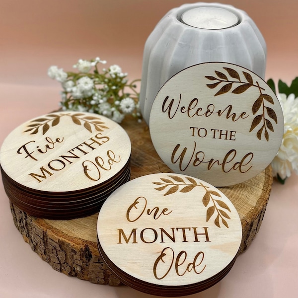 Engraved Baby Milestone Discs / Pack of 13 Discs / Wooden Disc / Baby Announcement / Photo Props