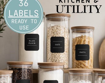 Black Kitchen Pantry Labels | 36 Pre-Printed Modern Jar Stickers (Ready to Use)