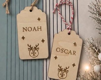 Personalised Wooden Christmas Gift Tags, Reindeer Engraved Labels