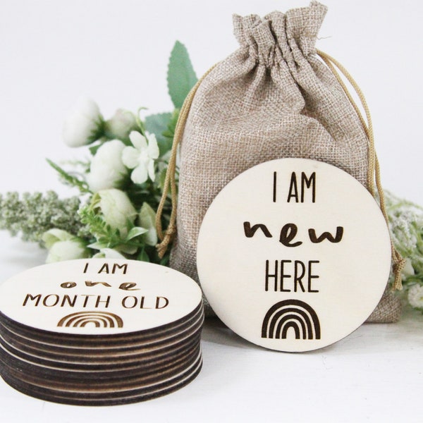 Engraved Baby Milestone Rainbow Discs / Pack of 13 Discs / Wooden Milestone Disc / Baby Announcement / Photo Props