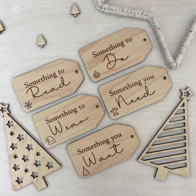 Wooden 5 Gift Rule Christmas Tags - Reusable Engraved Labels image 2