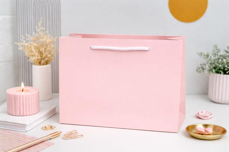 May include: A pale pink gift bag with a white handle rests on a white surface. A lit pink candle, a pen, and a small gold dish with pink sweets are also on the surface. A small vase with dried flowers is in the background.
