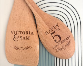 5th Anniversary Wooden Utensil Set | Personalised Wooden Spoon & Spatula | Wood Wedding Anniversary Gift for Couple