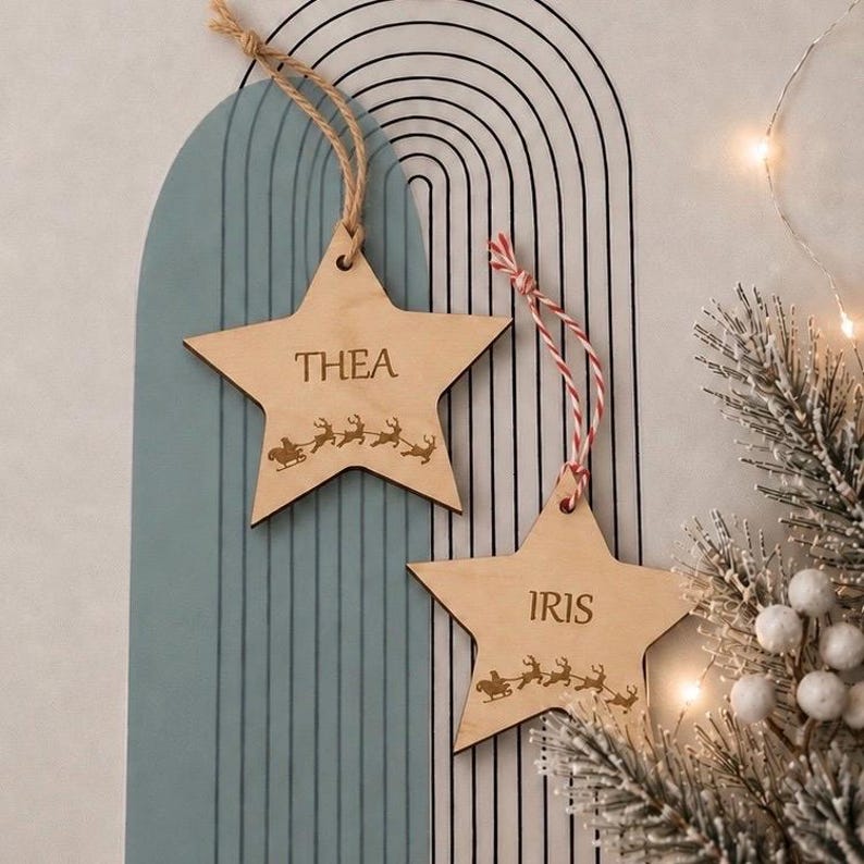 Personalised Wooden Star Christmas Gift Tags, Reusable Name Places image 1