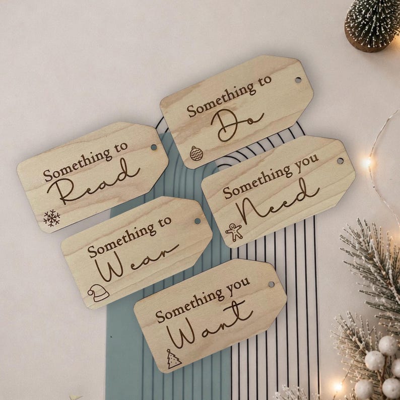 Wooden 5 Gift Rule Christmas Tags - Reusable Engraved Labels image 1