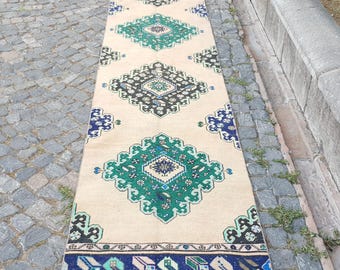 Vintage Turkish Runner Rug 12.7 x 2.7 ft for stair , hallway , kitchen wool handmade rug