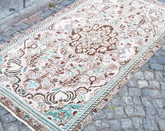 Vintage Oushak Turkish Rug, Handmade Wool Carpet, Neutral Beige Floral Rug, Rustic Anatolian Area Rug, Bohemian Home Decor (7.4x3.8 ft)