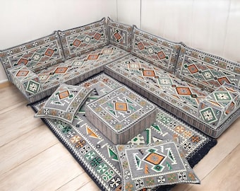 L-Shape Arabic Majlis Floor Sofa: Kilim Cover Cushions & Rug