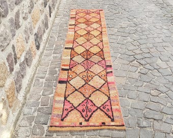 Vintage Kurdish Runner Rug Vintage Persianİ rug Handmade Organic Wool Rug Handwoven Runner Rug Soft Pastel Wool Turkish Runner 10.9 x 2.3