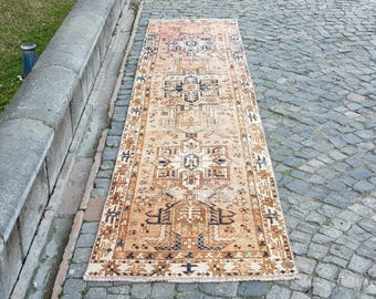 Handwoven Turkish Rug Runner - Vintage Pastel Copper and Blue