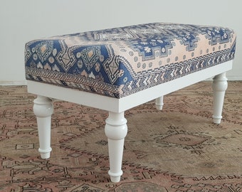 Handmade Upholstered Ottoman Bench: Printed Linen, Hornbeam Legs