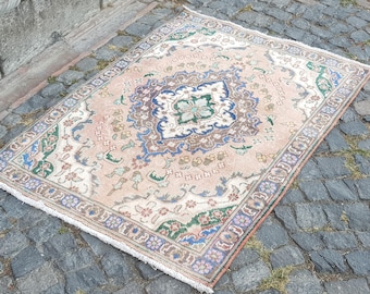 Vintage Wool Rug Hand Knotted Oushak Turkish, 4.6 x 3.3 ft