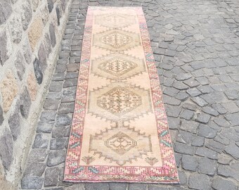 Turkish Rug - 10.2 x 2.5 ft. N1237 rug - runner rug Vintage Handwoven Turkish Rug Turkish Peach Color Rug Handwoven Original Wool Rug Tribal
