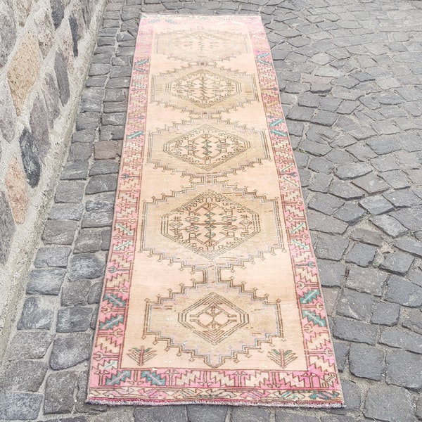 Türkischer Teppich – 10,2 x 2,5 Fuß. N1237 Teppich – Läuferteppich Vintage handgewebter türkischer Teppich Türkischer pfirsichfarbener Teppich handgewebter originaler Wollteppich Tribal