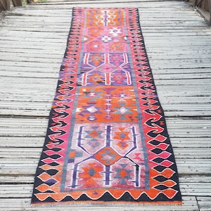 Vintage Rug Turkish Rug Runner Rug Handmade Wool Area Rug for livingroom  ( 10.5 x 3 ft) Unique Colorful Turkish Runner Rug Wool Rug 4415
