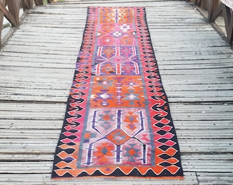 Vintage Rug Turkish Rug Runner Rug Handmade Wool Area Rug for livingroom  ( 10.5 x 3 ft) Unique Colorful Turkish Runner Rug Wool Rug 4415
