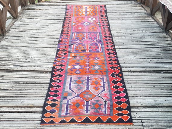 Vintage Rug Turkish Rug Runner Rug Handmade Wool Area Rug for livingroom  ( 10.5 x 3 ft) Unique Colorful Turkish Runner Rug Wool Rug 4415