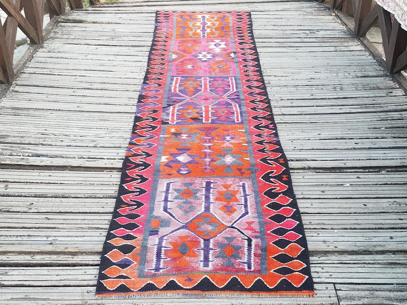 Vintage Rug Turkish Rug Runner Rug Handmade Wool Area Rug for livingroom  ( 10.5 x 3 ft) Unique Colorful Turkish Runner Rug Wool Rug 4415