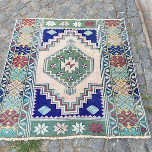 Vintage Turkish area rug ,vintage handknotted oushak rug  4 x 3.6 Feet 491 Persian Rug Handmade Wool Rug