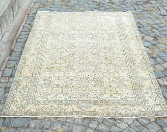 Vintage Turkish Area  Rug, Handwoven Wool and Cotton (Muted Colors) 7.3 x 4 feet rug for living room