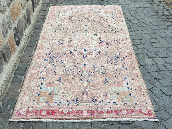Persian Rug Handwoven Wool Persian Rug: Bohemian Vintage Oriental Carpet (10.4 x 4.3 ft) Persian Tribal Rug Handmade Pile Rug Pastel Rug