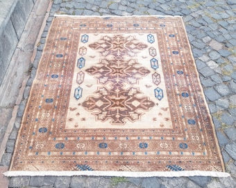 Vintage Afghan Rug, Hand Knotted Wool Rug, Tribal Afghan Carpet, Neutral Beige Brown Rug, Geometric Area Rug, 5.4 x 4.6 ft